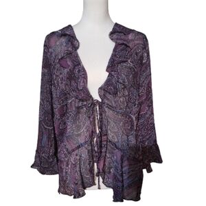 Whimsigoth Fairy Grunge Y2K ruffle double tie flare Sleeve sheer top L/XL Purple